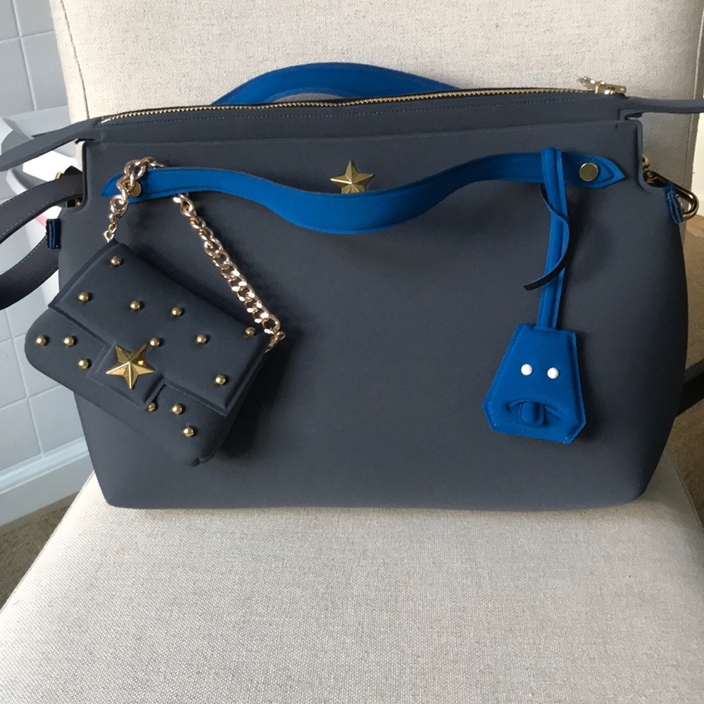 La Fille des Fleurs Neoprene Satchel Bag Blue Gray